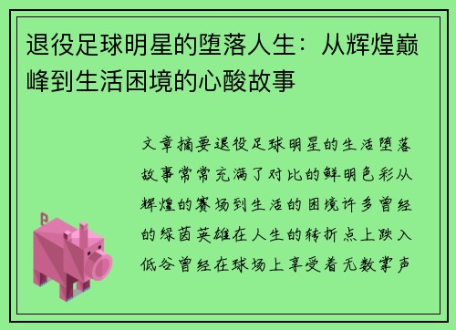 退役足球明星的堕落人生：从辉煌巅峰到生活困境的心酸故事