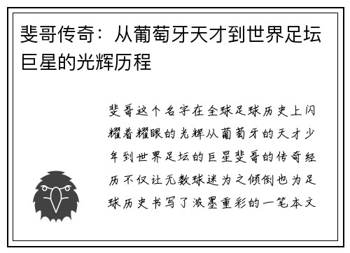 斐哥传奇：从葡萄牙天才到世界足坛巨星的光辉历程